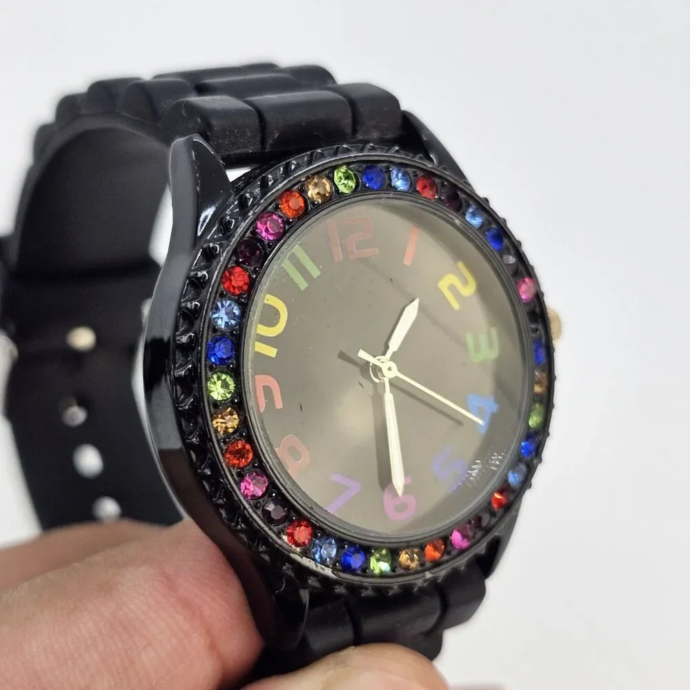 38MM Watch Women Black Dial Multicolor Bezel Black Plastic Bands‎ New Battery